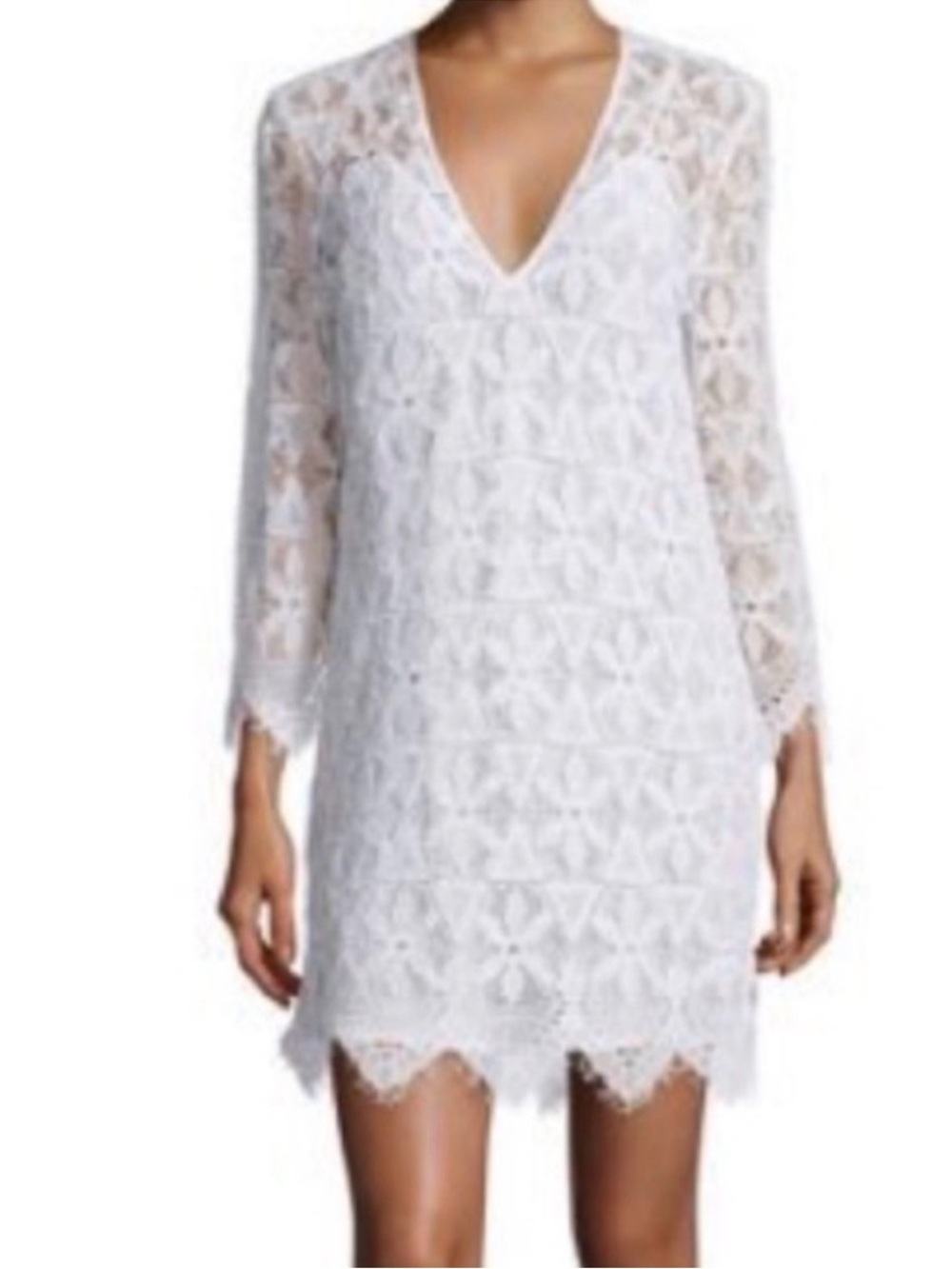 Frame Denim White Lace V-Neck Mini Dress Long Sleeve Sheer Size M